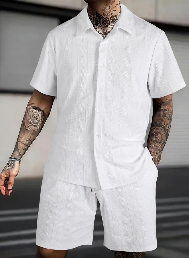 Take Two Men Textured Short Sleeve Shirt and Shorts Co-Ords - Image 1